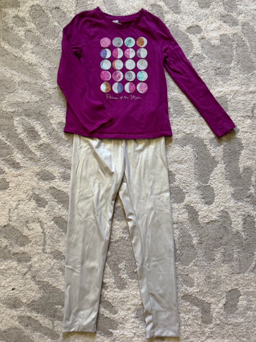 Cat & Jack Metallic Shiny Silver-White Leggings and Purple Moon Long Sleeve